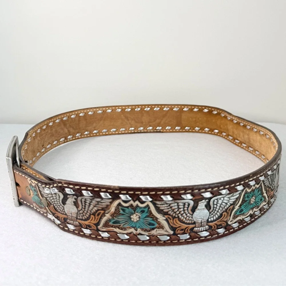 VTG Western Tooled Leather‎ Belt Eagle Floral Inlay Personalized Jerry Size 36